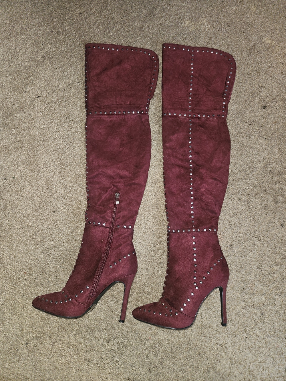 Women’s Over-the-Knee Studded High Heel Boots - Burgundy